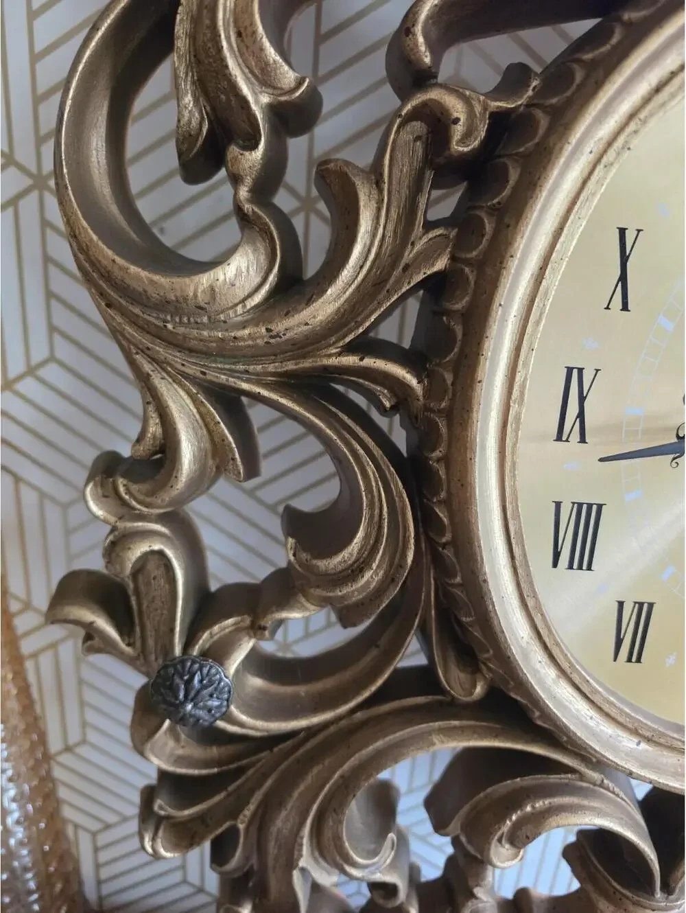 Vintage 1970 Burwood Large Gold Ornate Wall Clock Hollywood Regency 31”x20”